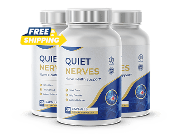 3 Quiet Nerves supplement bottles navy blue gold label nerve health bundle product shot white backgr