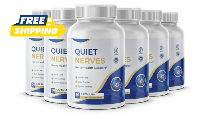 6 Quiet Nerves supplement bottles navy blue gold label nerve health bundle product shot white backgr